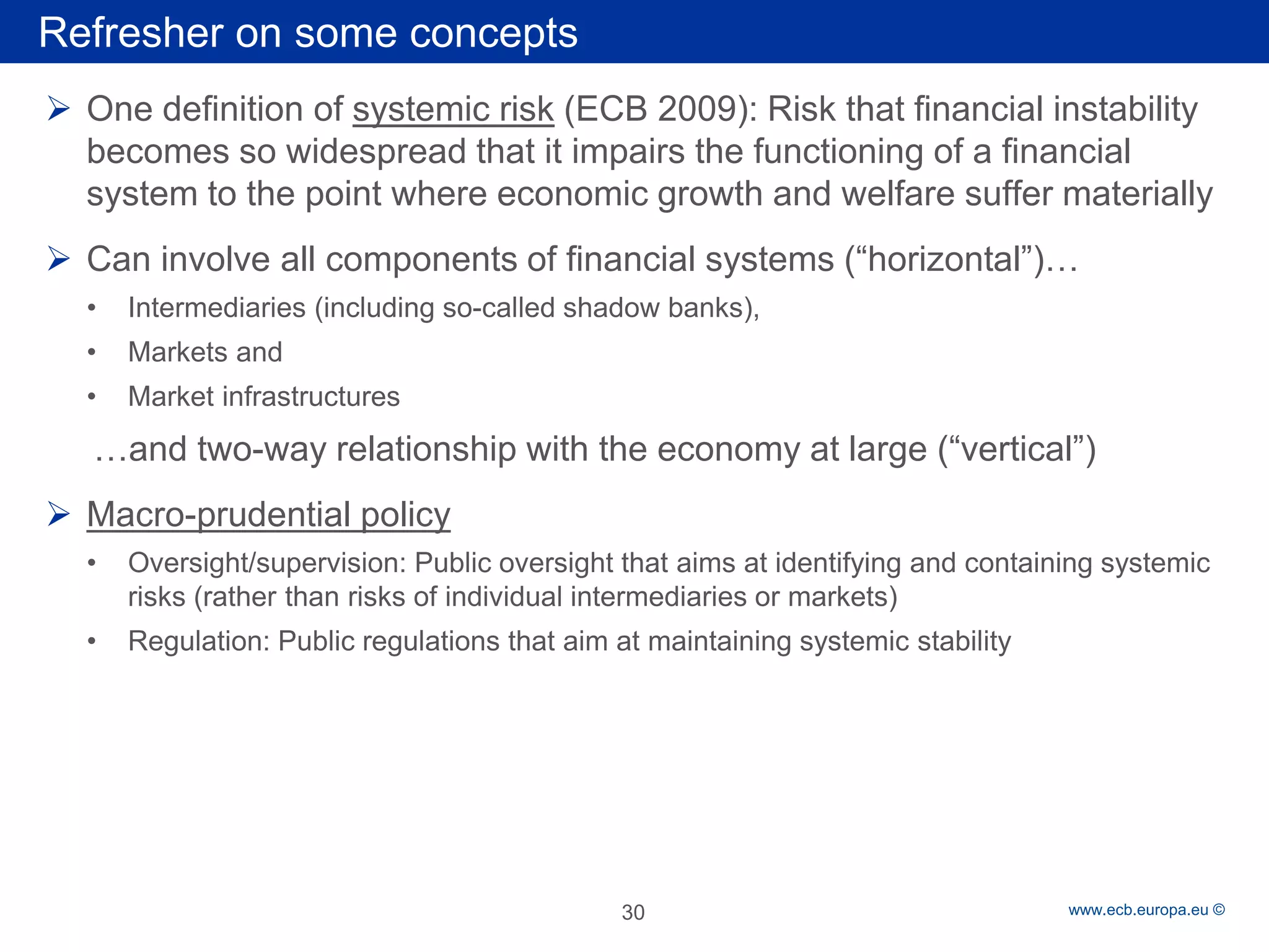 Rubric 
www.ecb.europa.eu © 
Refresher on some concepts 
 
One definition of systemic risk (ECB 2009): Risk that financial instability becomes so widespread that it impairs the functioning of a financial system to the point where economic growth and welfare suffer materially 
 
Can involve all components of financial systems (“horizontal”)… 
• 
Intermediaries (including so-called shadow banks), 
• 
Markets and 
• 
Market infrastructures 
…and two-way relationship with the economy at large (“vertical”) 
 
Macro-prudential policy 
• 
Oversight/supervision: Public oversight that aims at identifying and containing systemic risks (rather than risks of individual intermediaries or markets) 
• 
Regulation: Public regulations that aim at maintaining systemic stability 
30 
 
