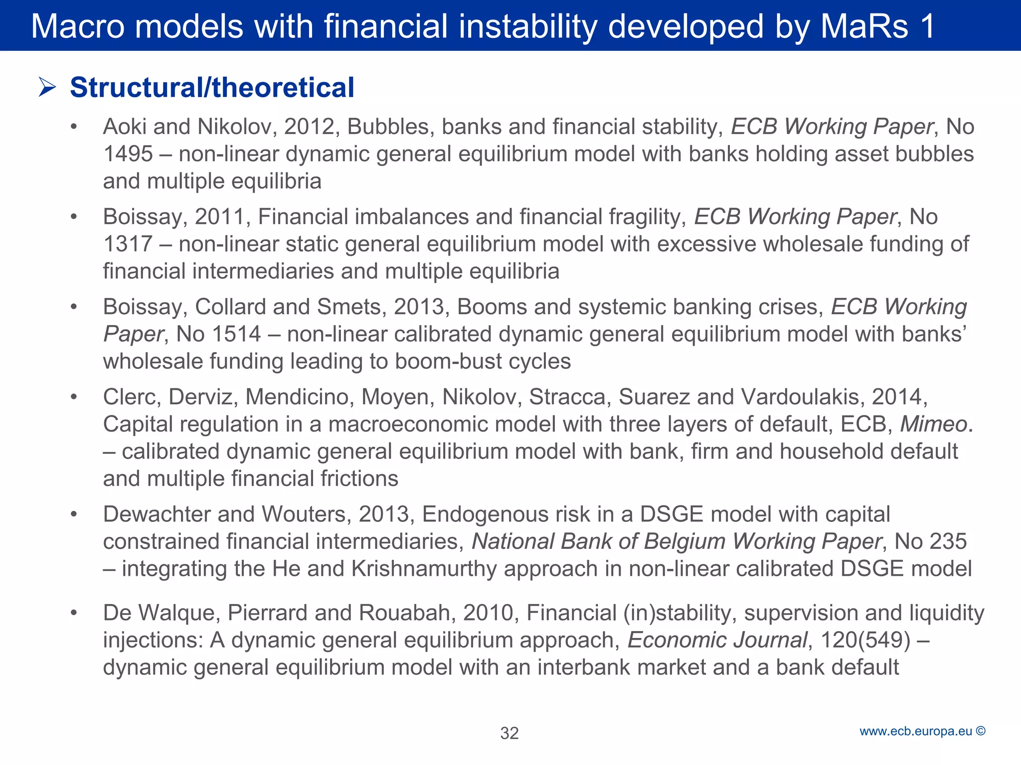 Rubric 
www.ecb.europa.eu © 
Macro models with financial instability developed by MaRs 1 
 
Structural/theoretical 
• 
Aoki and Nikolov, 2012, Bubbles, banks and financial stability, ECB Working Paper, No 1495 – non-linear dynamic general equilibrium model with banks holding asset bubbles and multiple equilibria 
• 
Boissay, 2011, Financial imbalances and financial fragility, ECB Working Paper, No 1317 – non-linear static general equilibrium model with excessive wholesale funding of financial intermediaries and multiple equilibria 
• 
Boissay, Collard and Smets, 2013, Booms and systemic banking crises, ECB Working Paper, No 1514 – non-linear calibrated dynamic general equilibrium model with banks’ wholesale funding leading to boom-bust cycles 
• 
Clerc, Derviz, Mendicino, Moyen, Nikolov, Stracca, Suarez and Vardoulakis, 2014, Capital regulation in a macroeconomic model with three layers of default, ECB, Mimeo. – calibrated dynamic general equilibrium model with bank, firm and household default and multiple financial frictions 
• 
Dewachter and Wouters, 2013, Endogenous risk in a DSGE model with capital constrained financial intermediaries, National Bank of Belgium Working Paper, No 235 – integrating the He and Krishnamurthy approach in non-linear calibrated DSGE model 
• 
De Walque, Pierrard and Rouabah, 2010, Financial (in)stability, supervision and liquidity injections: A dynamic general equilibrium approach, Economic Journal, 120(549) – dynamic general equilibrium model with an interbank market and a bank default 
32 
 