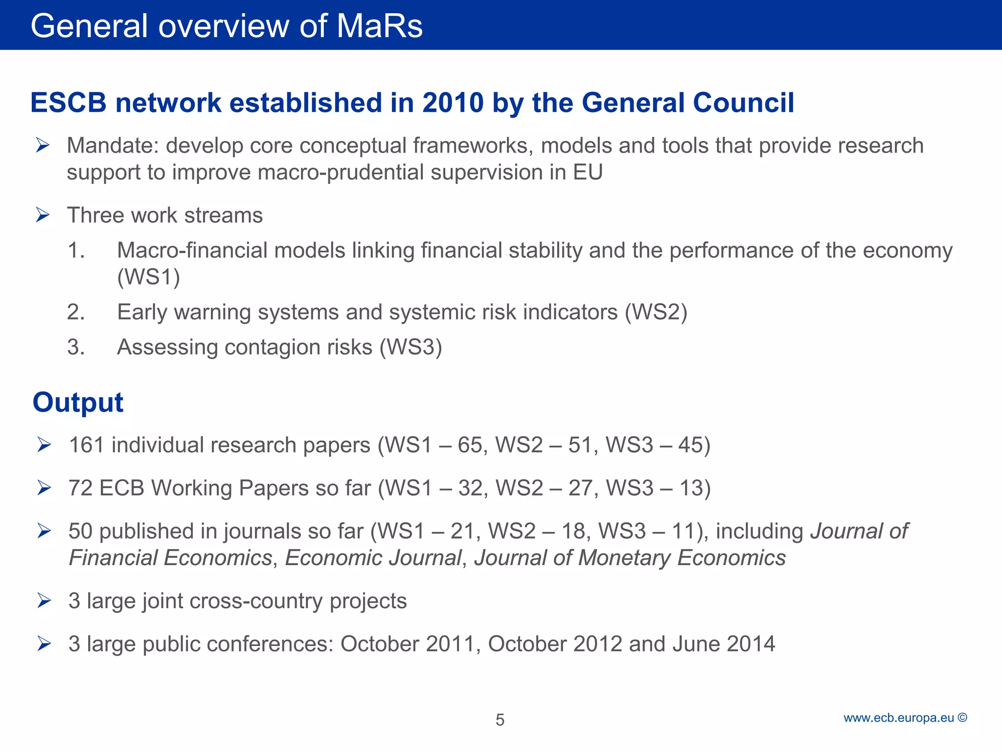 Rubric 
www.ecb.europa.eu © 
 
Mandate: develop core conceptual frameworks, models and tools that provide research support to improve macro-prudential supervision in EU 
 
Three work streams 
1. 
Macro-financial models linking financial stability and the performance of the economy (WS1) 
2. 
Early warning systems and systemic risk indicators (WS2) 
3. 
Assessing contagion risks (WS3) 
General overview of MaRs 
ESCB network established in 2010 by the General Council 
Output 
 
161 individual research papers (WS1 – 65, WS2 – 51, WS3 – 45) 
 
72 ECB Working Papers so far (WS1 – 32, WS2 – 27, WS3 – 13) 
 
50 published in journals so far (WS1 – 21, WS2 – 18, WS3 – 11), including Journal of Financial Economics, Economic Journal, Journal of Monetary Economics 
 
3 large joint cross-country projects 
 
3 large public conferences: October 2011, October 2012 and June 2014 
5 
 
