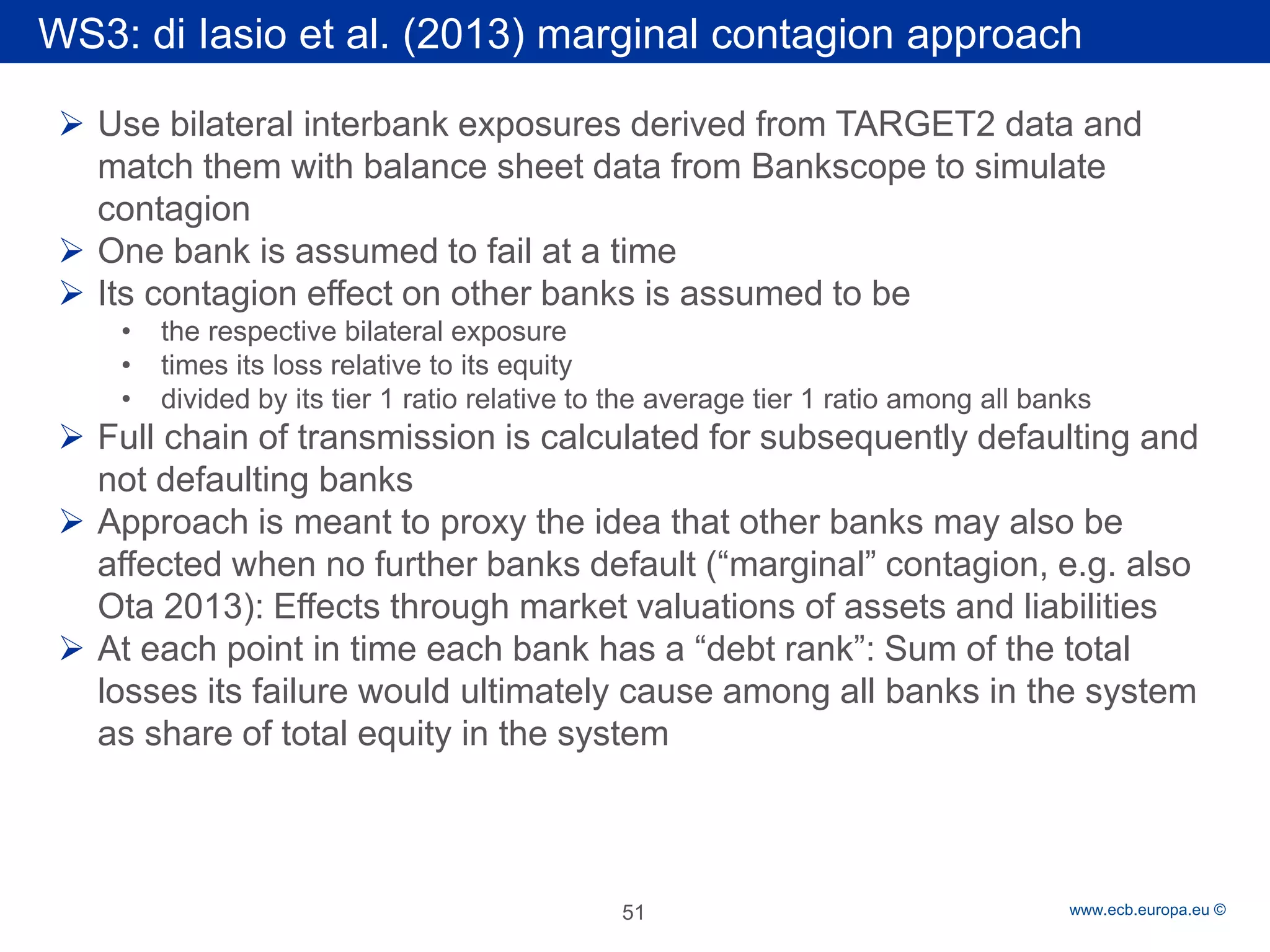 Rubric 
www.ecb.europa.eu © 
 
Use bilateral interbank exposures derived from TARGET2 data and match them with balance sheet data from Bankscope to simulate contagion 
 
One bank is assumed to fail at a time 
 
Its contagion effect on other banks is assumed to be 
• 
the respective bilateral exposure 
• 
times its loss relative to its equity 
• 
divided by its tier 1 ratio relative to the average tier 1 ratio among all banks 
 
Full chain of transmission is calculated for subsequently defaulting and not defaulting banks 
 
Approach is meant to proxy the idea that other banks may also be affected when no further banks default (“marginal” contagion, e.g. also Ota 2013): Effects through market valuations of assets and liabilities 
 
At each point in time each bank has a “debt rank”: Sum of the total losses its failure would ultimately cause among all banks in the system as share of total equity in the system 
51 
WS3: di Iasio et al. (2013) marginal contagion approach  