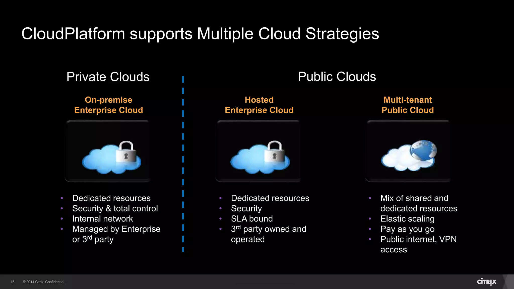 16 
CloudPlatform supports Multiple Cloud Strategies 
Multi-tenant 
Public Cloud 
Private Clouds Public Clouds 
• Mix of shared and 
dedicated resources 
• Elastic scaling 
• Pay as you go 
• Public internet, VPN 
access 
Hosted 
Enterprise Cloud 
• Dedicated resources 
• Security 
• SLA bound 
• 3rd party owned and 
operated 
On-premise 
Enterprise Cloud 
• Dedicated resources 
• Security & total control 
• Internal network 
• Managed by Enterprise 
or 3rd party 
 
