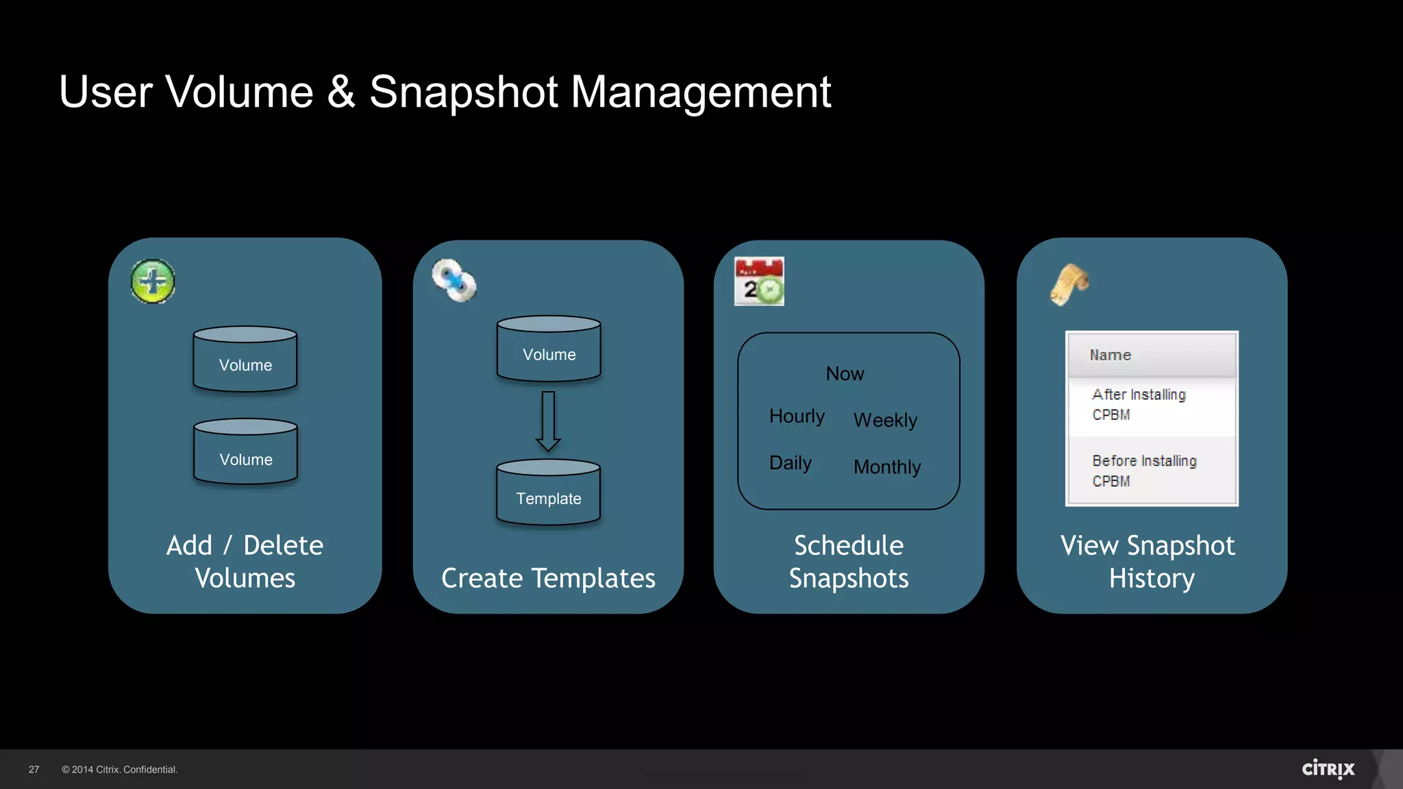 27 
User Volume & Snapshot Management 
Volume 
Volume 
Add / Delete 
Volumes 
Volume 
Template 
Create Templates 
Hourly 
Daily 
Now 
Weekly 
Monthly 
Schedule 
Snapshots 
View Snapshot 
History 
 