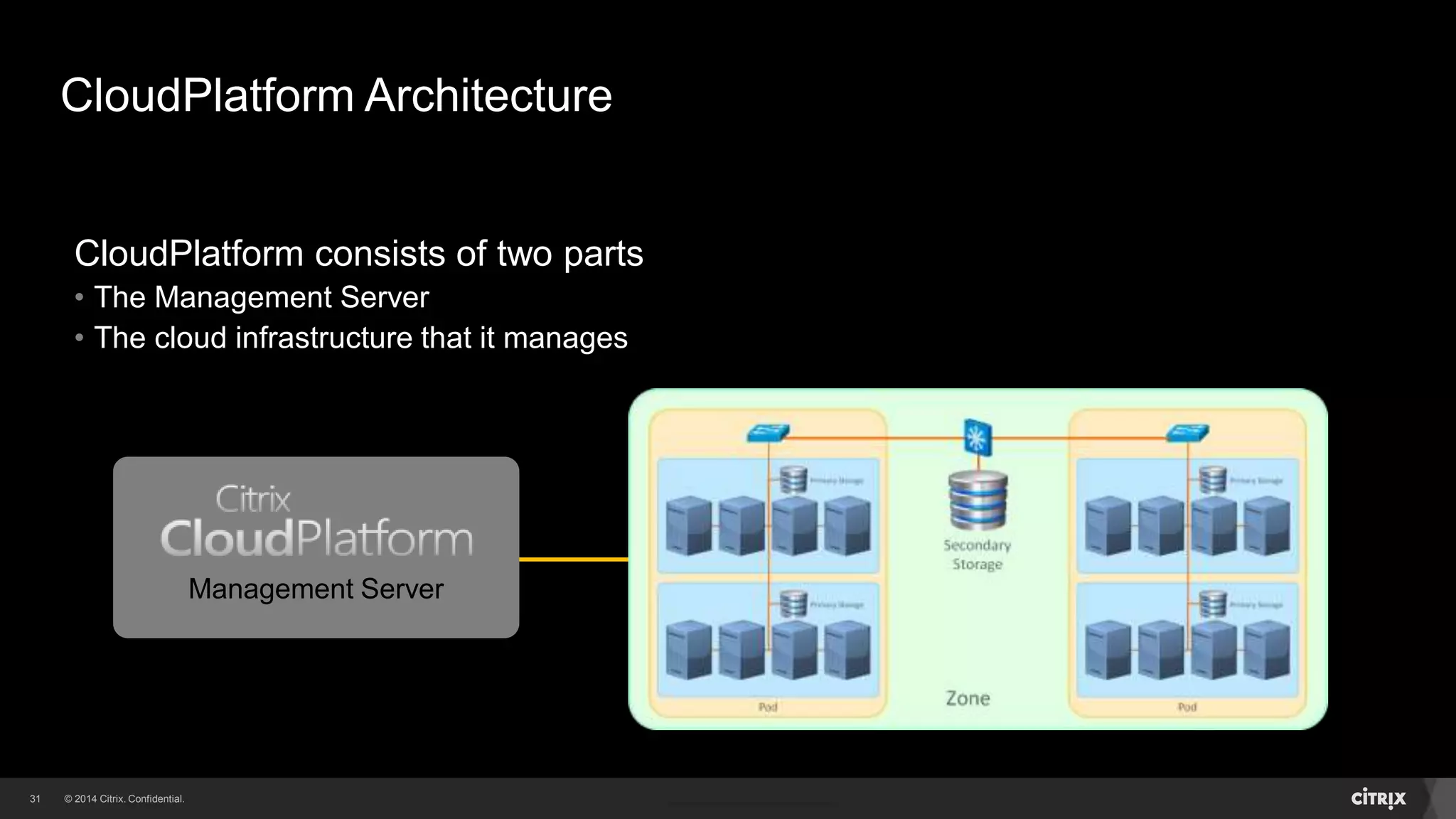 31 
CloudPlatform Architecture 
CloudPlatform consists of two parts 
• The Management Server 
• The cloud infrastructure that it manages 
Management Server 
 
