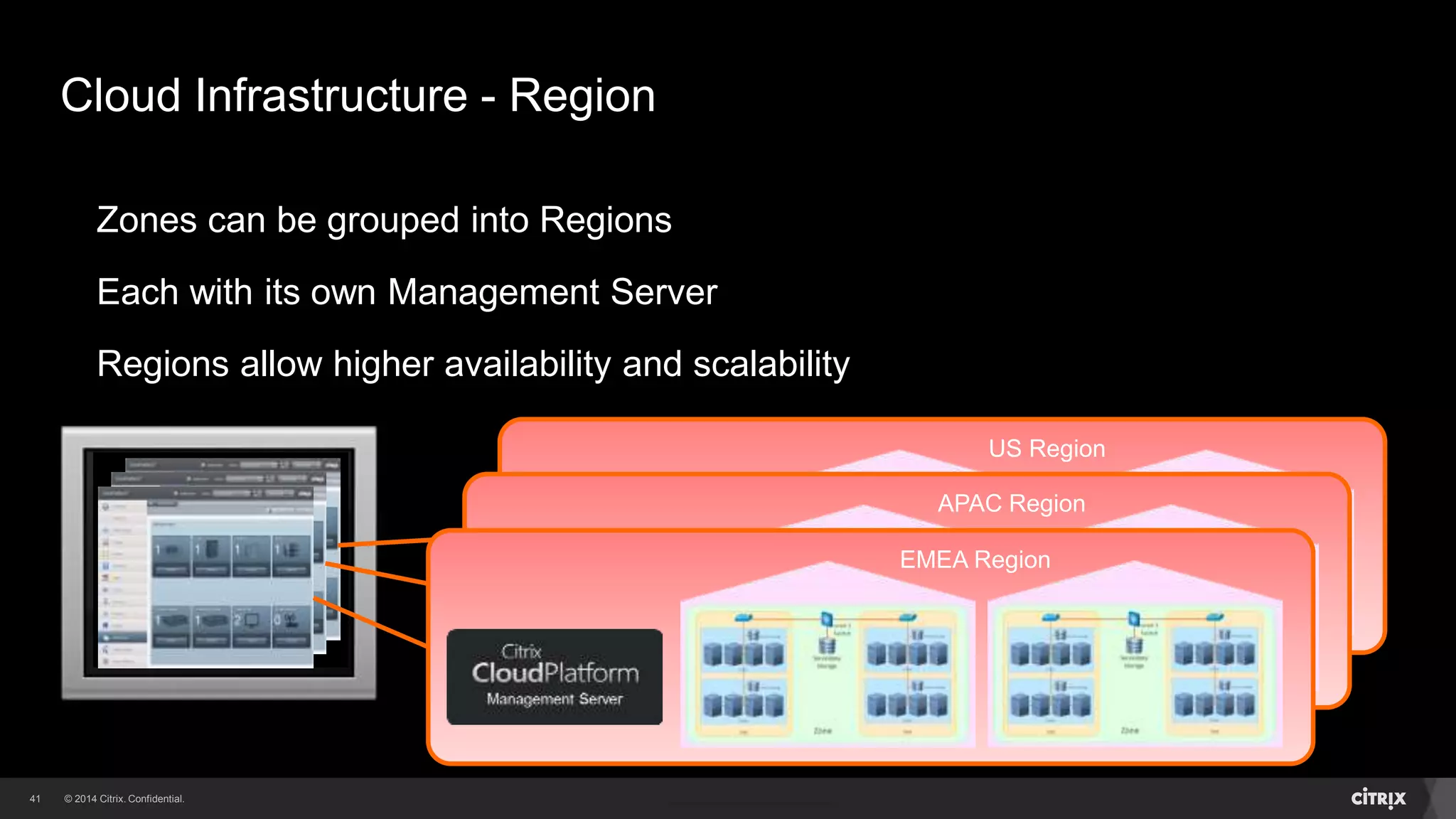 41 
Cloud Infrastructure - Region 
Zones can be grouped into Regions 
Each with its own Management Server 
Regions allow higher availability and scalability 
US Region 
APAC Region 
EMEA Region 
 