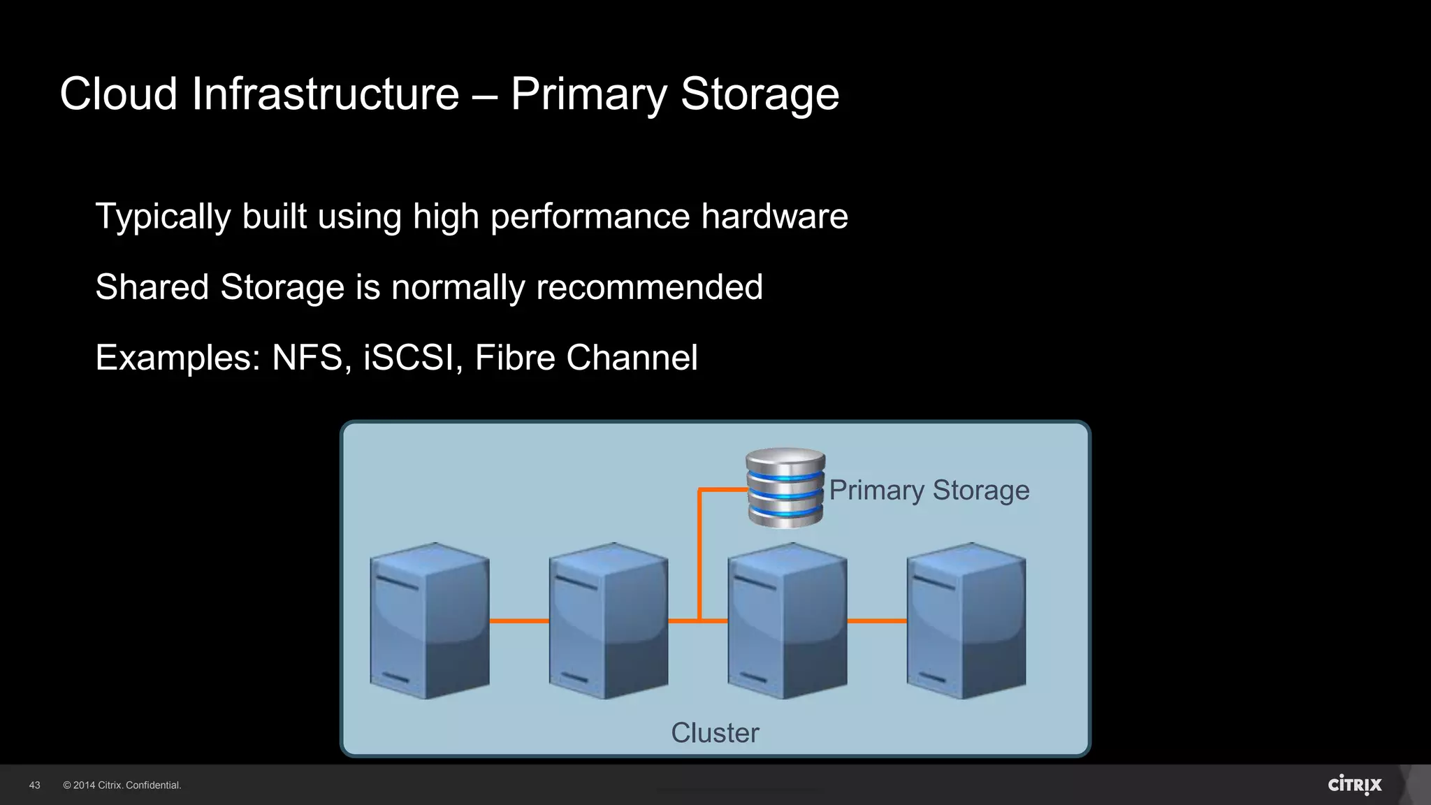 43 
Cloud Infrastructure – Primary Storage 
Typically built using high performance hardware 
Shared Storage is normally recommended 
Examples: NFS, iSCSI, Fibre Channel 
Cluster 
Primary Storage 
 