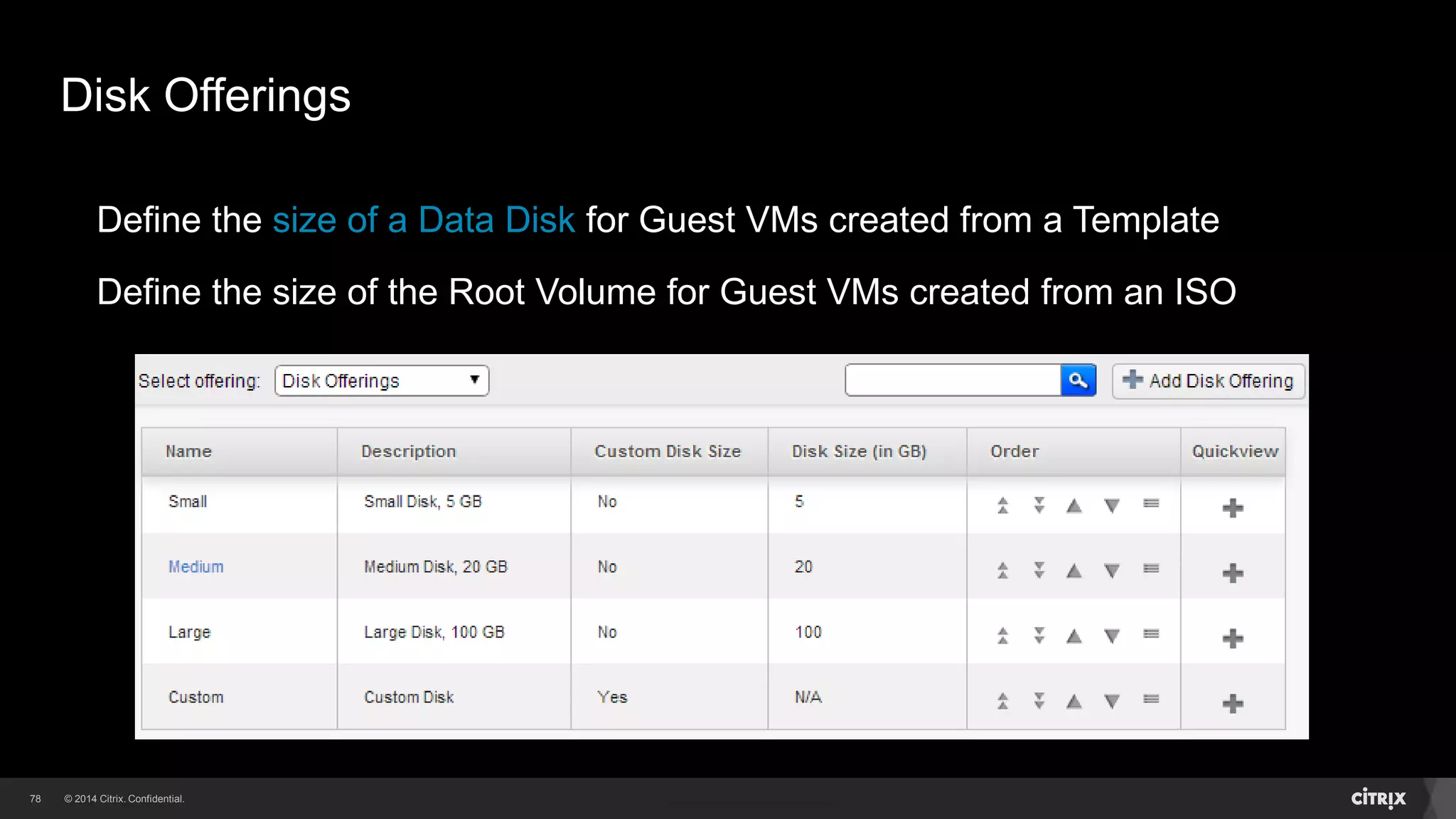 78 
Disk Offerings 
Define the size of a Data Disk for Guest VMs created from a Template 
Define the size of the Root Volume for Guest VMs created from an ISO 
 