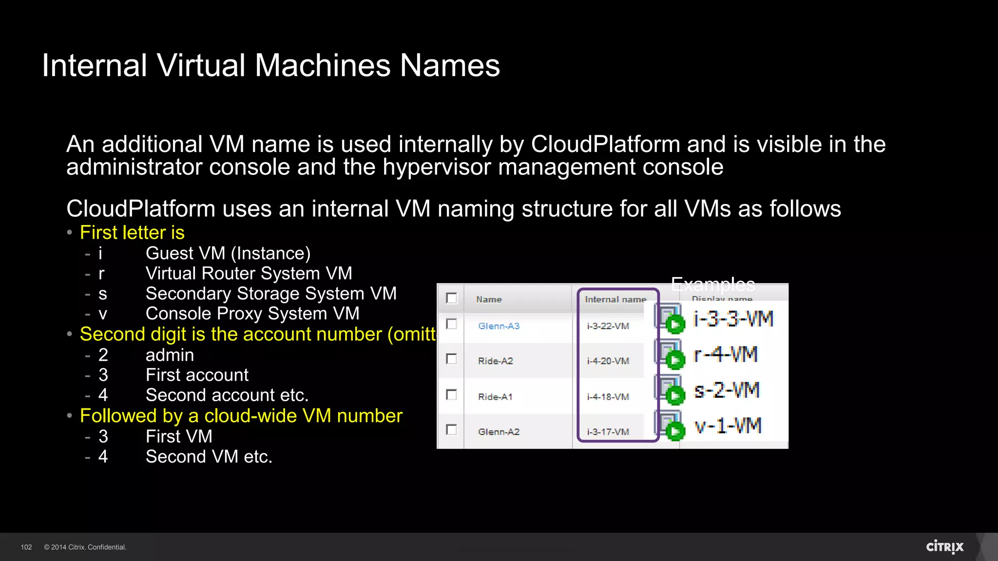 102 
Virtual Machines Names 
Each VM can also has a Display Name 
It defaults to the name entered in the wizard 
This name can be edited by the user (when the VM is stopped) 
 