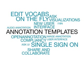 EDIT VOCABS 
ON THE FLY 
ASK 
VISUALIZATIONS 
NEW USER 
INTERFACE 
AUDIO ANNOTATION 
ANNOTATION TEMPLATES 
OPENANNOTATION 
COMPLIANCY 
SINGLE SIGN ON 
SHARE AND 
COLLABORATE 
I18N 
ASK UI 
IMAGE ANNOTATION 
USER INTERFACE 
 