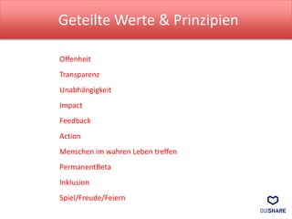 Geteilte Werte & Prinzipien 
Offenheit 
Transparenz 
Unabhängigkeit 
Impact 
Feedback 
Action 
Menschen im wahren Leben treffen 
PermanentBeta 
Inklusion 
Spiel/Freude/Feiern 
 