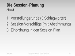 Die Session-Planung 
Ablauf 
1.Vorstellungsrunde (3 Schlagwörter) 
2.Session-Vorschläge (mit Abstimmung) 
3.Einordnung in den Session-Plan 
19.09.2014 
Anja Lorenz: BarCamp auf dem Q2P-Forum 
11  