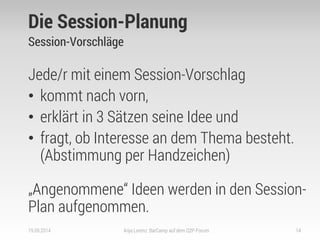 Die Session-Planung 
Session-Vorschläge 
Jede/r mit einem Session-Vorschlag 
•kommt nach vorn, 
•erklärt in 3 Sätzen seine Idee und 
•fragt, ob Interesse an dem Thema besteht. (Abstimmung per Handzeichen) 
„Angenommene“ Ideen werden in den Session- Plan aufgenommen. 
19.09.2014 
Anja Lorenz: BarCamp auf dem Q2P-Forum 
14  