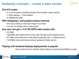 Kadeploy example – create a data cluster 
Out of 8 nodes 
• 2 *10 core machine (Intel(R) Xeon(R) CPU E5-2660 v2 @ 2.20GHz) 
• 1 10Gb interface, 1 1Gb interface 
• 5* 600GB SAS disks 
With Kadeploy3, and puppet recipes (shared) 
• 4mn 25s to deploy a new base image on all nodes 
• 5 mn 9s to configure them using puppet 
Any user can get a 17,6 TB CEPH data cluster with 
• 32 OSDs 
• 1280 MB/s read performance on the Ceph Storage Cluster (Rados bench) 
• 517 MB/s write performance with default replication size = 2 (Rados bench) 
• 1180 MB/s write performance without replication (Rados bench) 
Playing with tweaked Hadoop deployments is popular 
Work carried out by P. Morillon (https://github.com/pmorillon/grid5000-xp-ceph) 
F. Desprez - Cluster 2014 24/09/2014 - 21 
 