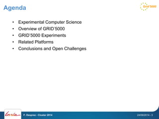 Agenda 
• Experimental Computer Science 
• Overview of GRID’5000 
• GRID’5000 Experiments 
• Related Platforms 
• Conclusions and Open Challenges 
F. Desprez - Cluster 2014 24/09/2014 - 3 
 