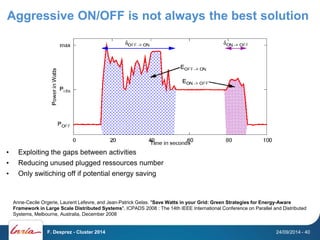 Aggressive ON/OFF is not always the best solution 
• Exploiting the gaps between activities 
• Reducing unused plugged ressources number 
• Only switiching off if potential energy saving 
Anne-Cecile Orgerie, Laurent Lefevre, and Jean-Patrick Gelas. "Save Watts in your Grid: Green Strategies for Energy-Aware 
Framework in Large Scale Distributed Systems", ICPADS 2008 : The 14th IEEE International Conference on Parallel and Distributed 
Systems, Melbourne, Australia, December 2008 
F. Desprez - Cluster 2014 24/09/2014 - 40 
 