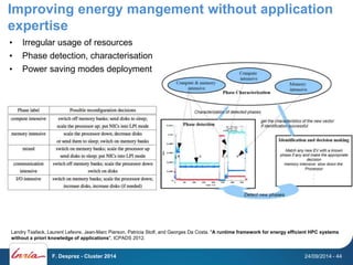 Improving energy mangement without application 
expertise 
• Irregular usage of resources 
• Phase detection, characterisation 
• Power saving modes deployment 
Landry Tsafack, Laurent Lefevre, Jean-Marc Pierson, Patricia Stolf, and Georges Da Costa. "A runtime framework for energy efficient HPC systems 
without a priori knowledge of applications", ICPADS 2012. 
F. Desprez - Cluster 2014 24/09/2014 - 44 
 