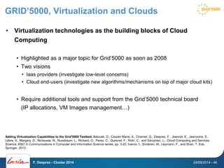 GRID’5000, Virtualization and Clouds 
• Virtualization technologies as the building blocks of Cloud 
Computing 
• Highlighted as a major topic for Grid’5000 as soon as 2008 
• Two visions 
• Iaas providers (investigate low-level concerns) 
• Cloud end-users (investigate new algorithms/mechanisms on top of major cloud kits) 
• Require additional tools and support from the Grid’5000 technical board 
(IP allocations, VM Images management…) 
Adding Virtualization Capabilities to the Grid'5000 Testbed, Balouek, D., Carpen Marie, A., Charrier, G., Desprez, F., Jeannot, E., Jeanvoine, E., 
Lèbre, A., Margery, D., Niclausse, N., Nussbaum, L., Richard, O., Perez, C., Quesnel, F., Rohr, C., and Sarzyniec, L., Cloud Computing and Services 
Science, #367 in Communications in Computer and Information Science series, pp. 3-20, Ivanov, I., Sinderen, M., Leymann, F., and Shan, T. Eds, 
Springer, 2013 
F. Desprez - Cluster 2014 24/09/2014 - 46 
 