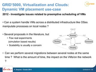 GRID’5000, Virtualization and Clouds: 
Dynamic VM placement use-case 
2012 - Investigate issues related to preemptive scheduling of VMs 
• Can a system handle VMs across a distributed infrastructure like OSes 
manipulate processes on local nodes ? 
• Several proposals in the literature, but 
• Few real experiments 
(simulation based results) 
• Scalability is usually a concern 
• Can we perform several migrations between several nodes at the same 
time ? What is the amount of time, the impact on the VMs/on the network 
? 
F. Desprez - Cluster 2014 24/09/2014 - 50 
 