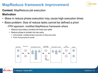 MapReduce framework improvement 
Context: MapReduce job execution 
Motivation 
• Skew in reduce phase execution may cause high execution times 
• Base problem: Size of reduce tasks cannot be defined a priori 
- FPH approach: modified MapReduce framework where 
• Reduce input data is divided into fixed size splits 
• Reduce phase is divided into two parts 
 Intermediate: multiple-iteration execution of fixed-size tasks 
 Final: final grouping of results 
F. Desprez - Cluster 2014 24/09/2014 - 67 
 