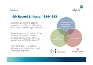 Irish Record Linkage, 1864-1913! 
Developing a platform applying 
semantic technologies to historical 
birth, death and ma...