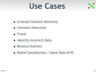 Use Cases 
• Unusual instance discovery 
• Intrusion Detection 
• Fraud 
• Identify Incorrect Data 
• Remove Outliers 
• Model Competence / Input Data Drift 
BigML Inc 14 
 
