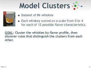 Model Clusters 
• Dataset of 86 whiskies 
• Each whiskey scored on a scale from 0 to 4 
for each of 12 possible flavor characteristics. 
GOAL: Cluster the whiskies by flavor profile, then 
discover rules that distinguish the clusters from each 
other. 
BigML Inc 5 
 