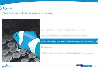 20 
Agenda 
Client Performance – Probleme verstehen und beheben 
Übersicht: Was bringt ein Notes9 Client mit sich 
Was ClientSTARTs verlangsamt (und beschleunigt) 
Was ClientPERFORMANCE beeinträchtigt (und verbessert) 
Tieftauchen 
Ein Blick unter die Haube der Client-Server Kommunikation 
 
