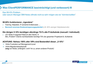 25 
Was ClientPERFORMANCE beeinträchtigt (und verbessert) III 
Das 95+5% Problem… 
oder warum Manager IBM Notes oftmals nicht so sehr mögen wie sie “könnten/sollten” 
90-95% funktionieren „irgendwie“ 
 Training, Helpdesk, IT-versierte Endbenutzer, ... 
 Dennoch enormes Kosteneinsparungspotential (z.B. 80% weniger Helpdeskanrufe) 
Die übrigen 5-10% benötigen allerdings 75+% alle IT-Aufwände (manuell / individuell) 
 z.B. Notes 9 Upgrade Paket an alle Clients  
Alle „Problem“-Clients nachbearbeiten benötigt 75% der gesamten Projektzeit & -Aufwände 
ACHTUNG: Nahezu 100% aller VIPs sind Bestandteil dieser „5-10%“ 
 Hohe Frustration auf Management-Level 
 Hohe Migrationsbereitschaft 
(weg von Notes; anfänglich ‚nicht‘ hin zu ‚einem anderen Produkt)‘ 
 