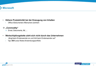 26 
Microsoft 
• Höhere Produktivität bei der Erzeugung von Inhalten 
• Office-/Dokumenten-/Menschen-zentriert 
 „Commodity“ 
 Email, Dokumente, IM, ... 
• Wertschöpfungskette zieht sich nicht durch das Unternehmen 
• „fängt beim Endanwender an und hört beim Endanwender auf“ 
• Vgl. IBM Lotus Notes Anwendungsportfolio 
 