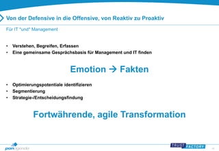 46 
Von der Defensive in die Offensive, von Reaktiv zu Proaktiv 
Für IT *und* Management 
• Verstehen, Begreifen, Erfassen 
• Eine gemeinsame Gesprächsbasis für Management und IT finden 
Emotion  Fakten 
• Optimierungspotentiale identifizieren 
• Segmentierung 
• Strategie-/Entscheidungsfindung 
Fortwährende, agile Transformation 
 