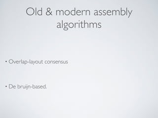Old & modern assembly 
algorithms 
• Overlap-layout consensus 
! 
• De bruijn-based. 
 
