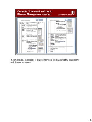 The emphasis on this session is longitudinal record keeping, reflecting on past care and planning future care. 
13  