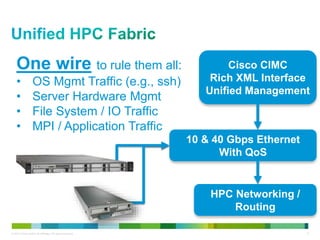 One wire to rule them all: 
• OS Mgmt Traffic (e.g., ssh) 
• Server Hardware Mgmt 
• File System / IO Traffic 
• MPI / Application Traffic 
Cisco CIMC 
Rich XML Interface 
Unified Management 
10 & 40 Gbps Ethernet 
With QoS 
HPC Networking / 
Routing 
© 2013 Cisco and/or its affiliates. All rights reserved. 6 
 