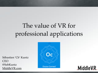 The value of VR for! 
professional applications 
Sébastien ‘Cb’ Kuntz ! 
CEO! 
@SebKuntz! 
MiddleVR.com 
 