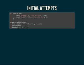 INITIAL ATTEMPTS 
val rows = Seq( 
Seq("Burglary", "19xx Hurston", 10), 
Seq("Theft", "55xx Floatilla Ave", 5) 
) 
sc.parallelize(rows) 
.map { values => (values[0], values) } 
.groupByKey 
.reduce(_[2] + _[2]) 
 