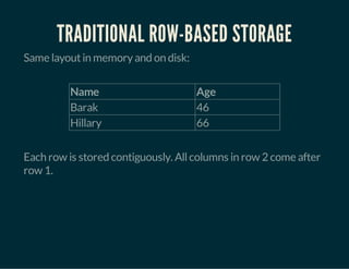 TRADITIONAL ROW-BASED STORAGE 
Same layout in memory and on disk: 
Name Age 
Barak 46 
Hillary 66 
Each row is stored contiguously. All columns in row 2 come after 
row 1. 
 