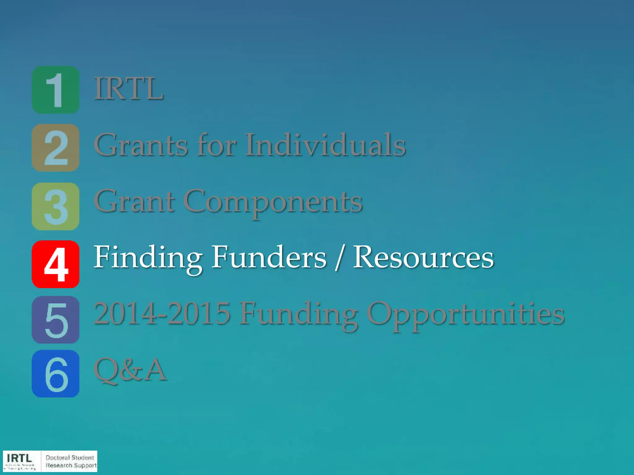 IRTL
Grants for Individuals
Grant Components
Finding Funders / Resources
2014-2015 Funding Opportunities
Q&A
 