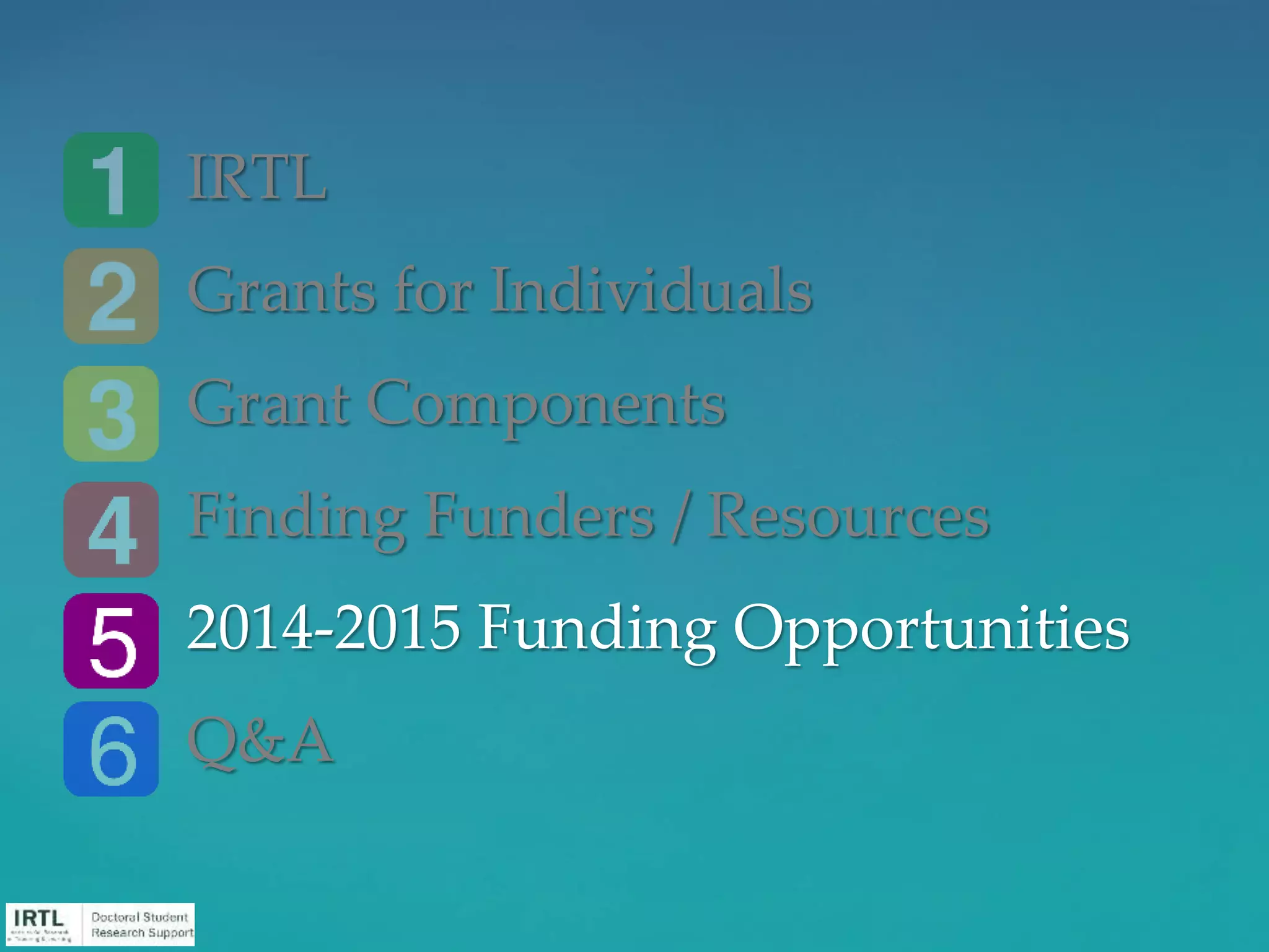 IRTL
Grants for Individuals
Grant Components
Finding Funders / Resources
2014-2015 Funding Opportunities
Q&A
 