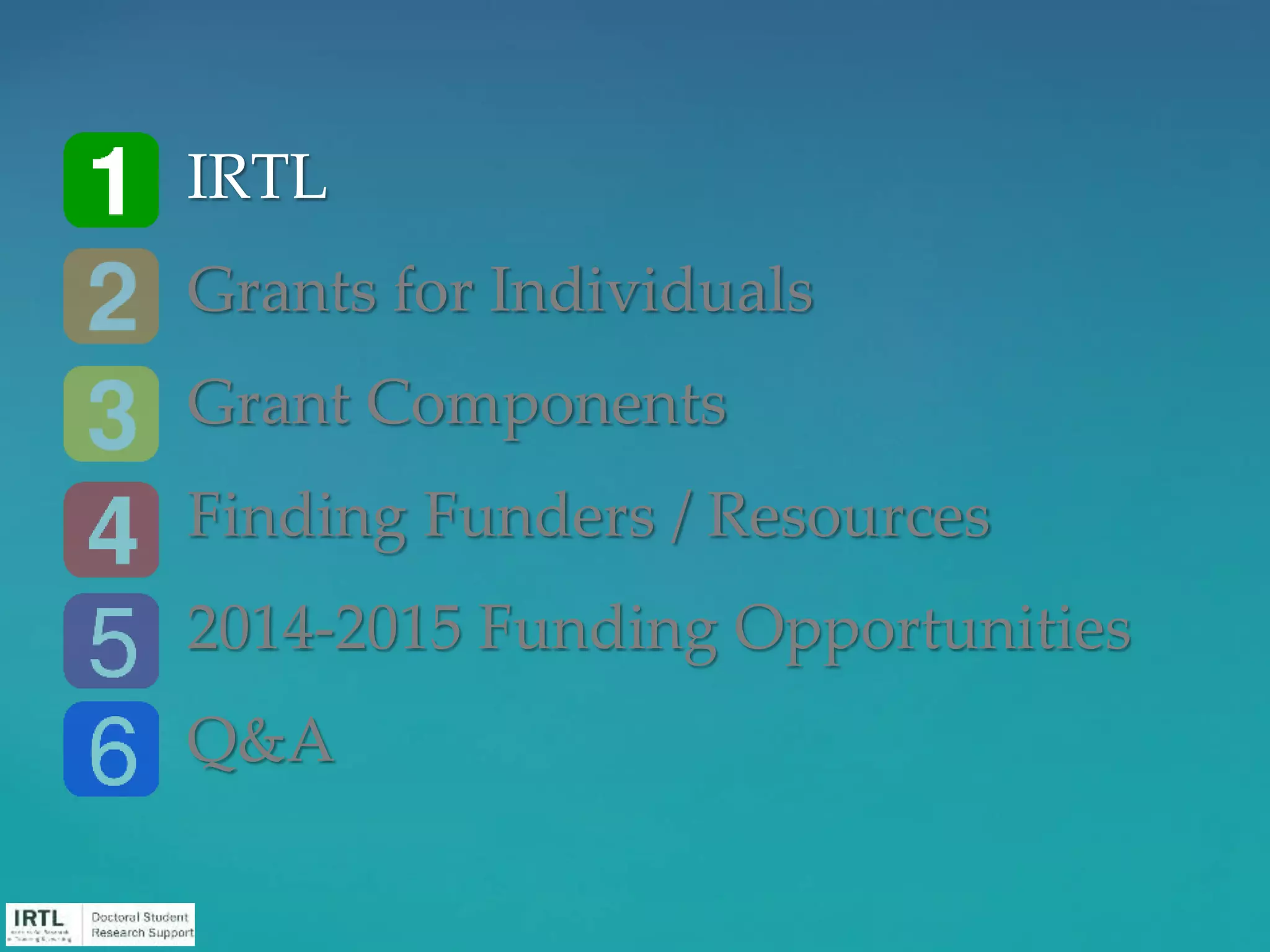 IRTL
Grants for Individuals
Grant Components
Finding Funders / Resources
2014-2015 Funding Opportunities
Q&A
 