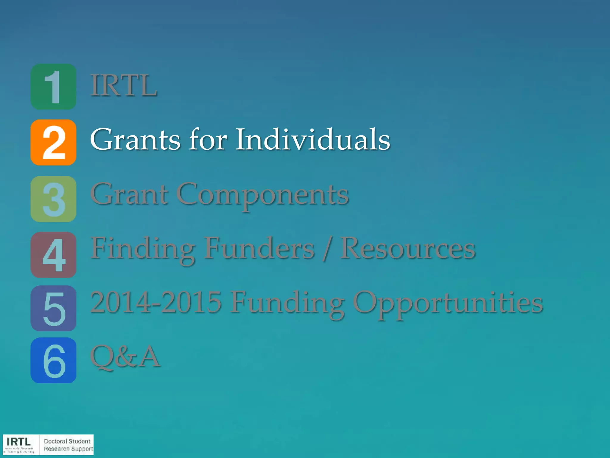 IRTL
Grants for Individuals
Grant Components
Finding Funders / Resources
2014-2015 Funding Opportunities
Q&A
 
