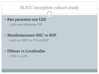 SLICC inception cohort study
 890 pacientes con LES
 33% con síntomas NP
 Manifestaciones SNC vs SNP
 93% en SNC vs 7% en SNP
 Difusas vs Localizadas
 78% vs 22%
 