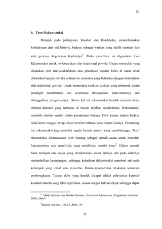 12
b. Teori Rekonstruksi
Merujuk pada pertanyaan, Kroeber dan Kluckhohn, mendefenisikan
kebudayaan dari sisi historis, budaya sebagai warisan yang dialih tuunkan dari
satu generasi kegenerasi berikutnya
8
. Maka penelitian ini digunakan teori
Rekonstruksi untuk melestrarikan silat tradisional powele. Upaya ronstruksi yang
dilakukan oleh masyarakatMuna atas penolakan oposisi biner di mana telah
dilekatkan kepada mereka selama ini, terutama yang berkaitan dengan keberadaan
silat tradisional powele. Untuk memeriksa struktur-struktur yang terbentuk dalam
paradigm modernisme dan senantiasa dimapankan batas-batasnya dan
ditunggalkan pengertiannya. Dalam hal ini rekonstruksi hendak memunculkan
dimensi-dimensi yang tertindas di bawah totalitas modernisme. Rekonstruksi
menolak otoritas sentral dalam pemaknaan budaya. Oleh karena makna budaya
tidak harus tunggal, tetapi dapat bersifat terbuka pada makna lainnya. Disamping
itu, rekonstruksi juga menolak segala bentuk asumsi yang membelenggu. Teori
rekonstruksi dikemukakan oleh Nanang sebagai sebuah usaha untuk menolak
logosentrisme atau metafisika yang melahirkan oposisi biner
9
. Dalam oposisi
biner terdapat satu unsur yang mendominasi unsur lainnya dan pada akhirnya
menimbulkan kesenjangan, sehingga kehadiran dekonstruksi memberi arti pada
kelompok yang lemah atau minoritas. Dalam rekonstruksi dilakukan semacam
pembongkaran. Tujuan akhir yang hendak dicapai adalah pelestarian kembali
kedalam tataran yang lebih signifikan, sesuai dengan hakikat objek sehingga dapat
8
. Mudji Sutrisno dan Hendar Putranto, Teori-teori kebudayaan (Yogyakarta: Kanisius.
2005). Hlm 9
9
Bagong Suyanto., Op,Cit,. Hlm. 191
12
 