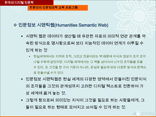 한중연의 인문정보학 교육 프로그램
 인문정보 시맨틱웹(Humanities Semantic Web)
 시맨틱 웹은 데이터가 생산될 때 유관한 자료의 의미적 연관 관계를 약
속된 방식으로 명시함으로써 보다 지능적인 데이터 연계가 이루질 수
있게 하는 것
 현실세계에서는 지역과 조직, 그리고 전공이라는 벽 때문에 지식과 정보가 조각 조각
나뉠 수밖에 없었지만, 디지털 세계에서는 그 벽을 넘어서서 나누인 조각들을 모을
수 있다. 또 그것을 한 가지 기준이 아니라, 관심과 필요에 따라 다양한 방식의 문맥으
로 만들어낼 수가 있다.
 인문정보 시맨틱웹은 현실 세계의 다양한 영역에서 만들어진 인문지식
의 조각들을 그것의 관계성까지 고려한 디지털 텍스트로 전환하여 가
상 세계에 옮겨 놓는 것.
 그렇게 함으로써 의미있는 지식이 그것을 필요로 하는 사람들에게, 그
들이 필요로 하는 형태로 모여지고 쓰여질 수 있게 하는 것.
한국의 디지털 인문학
 