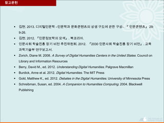참고문헌
 김현. 2013. 디지털인문학 –인문학과 문화콘텐츠의 상생 구도에 관한 구상-. 『 인문콘텐츠』 29:
9-26.
 김현. 2012. 『인문정보학의 모색』. 북코리아.
 인문사회 학술진흥 장기 비전 추진위원회. 2012. 『2030 인문사회 학술진흥 장기 비전』. 교육
과학기술부 연구보고서.
 Zorich, Diane M. 2008. A Survey of Digital Humanities Centers in the United States. Council on
Library and Information Resources
 Berry, David M., ed. 2012. Understanding Digital Humanities. Palgrave Macmillan
 Burdick, Anne et al. 2012. Digital Humanities. The MIT Press
 Gold, Matthew K., ed. 2012. Debates in the Digital Humanities. University of Minnesota Press
 Schreibman, Susan, ed. 2004. A Companion to Humanities Computing. 2004. Blackwell
Publishing
 