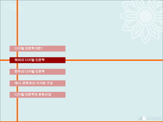 한국의 디지털 인문학
디지털 인문학이란?
해외의 디지털 인문학
예시: 문화유산 지식망 구상
디지털 인문학과 문화산업
 