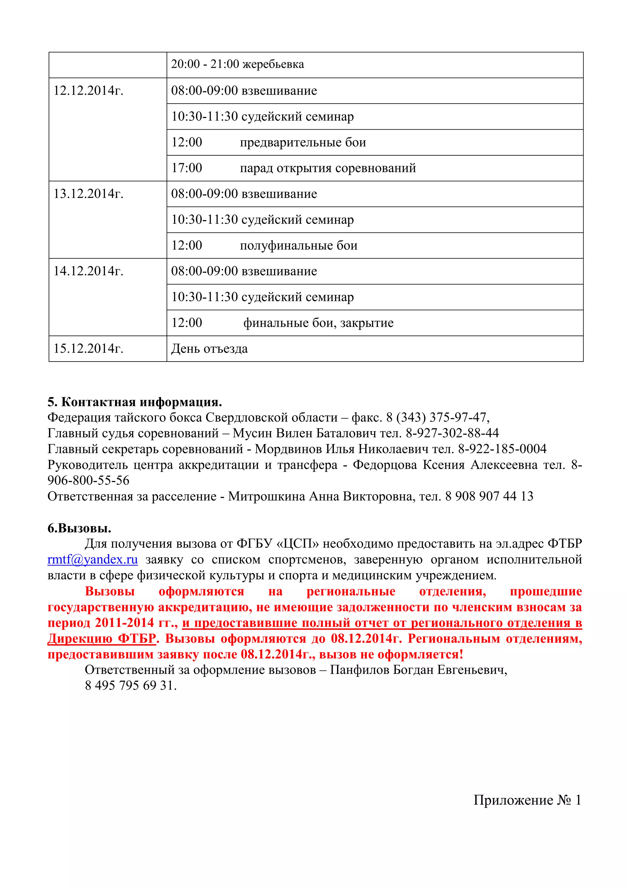 20:00 - 21:00 жеребьевка 
12.12.2014г. 
08:00-09:00 взвешивание 
10:30-11:30 судейский семинар 
12:00 предварительные бои 
17:00 парад открытия соревнований 
13.12.2014г. 
08:00-09:00 взвешивание 
10:30-11:30 судейский семинар 
12:00 полуфинальные бои 
14.12.2014г. 
08:00-09:00 взвешивание 
10:30-11:30 судейский семинар 
12:00 финальные бои, закрытие 
15.12.2014г. 
День отъезда 
5. Контактная информация. 
Федерация тайского бокса Свердловской области – факс. 8 (343) 375-97-47, 
Главный судья соревнований – Мусин Вилен Баталович тел. 8-927-302-88-44 
Главный секретарь соревнований - Мордвинов Илья Николаевич тел. 8-922-185-0004 
Руководитель центра аккредитации и трансфера - Федорцова Ксения Алексеевна тел. 8- 906-800-55-56 
Ответственная за расселение - Митрошкина Анна Викторовна, тел. 8 908 907 44 13 
6.Вызовы. 
Для получения вызова от ФГБУ «ЦСП» необходимо предоставить на эл.адрес ФТБР rmtf@yandex.ru заявку со списком спортсменов, заверенную органом исполнительной власти в сфере физической культуры и спорта и медицинским учреждением. 
Вызовы оформляются на региональные отделения, прошедшие государственную аккредитацию, не имеющие задолженности по членским взносам за период 2011-2014 гг., и предоставившие полный отчет от регионального отделения в Дирекцию ФТБР. Вызовы оформляются до 08.12.2014г. Региональным отделениям, предоставившим заявку после 08.12.2014г., вызов не оформляется! 
Ответственный за оформление вызовов – Панфилов Богдан Евгеньевич, 
8 495 795 69 31. 
Приложение № 1 
 