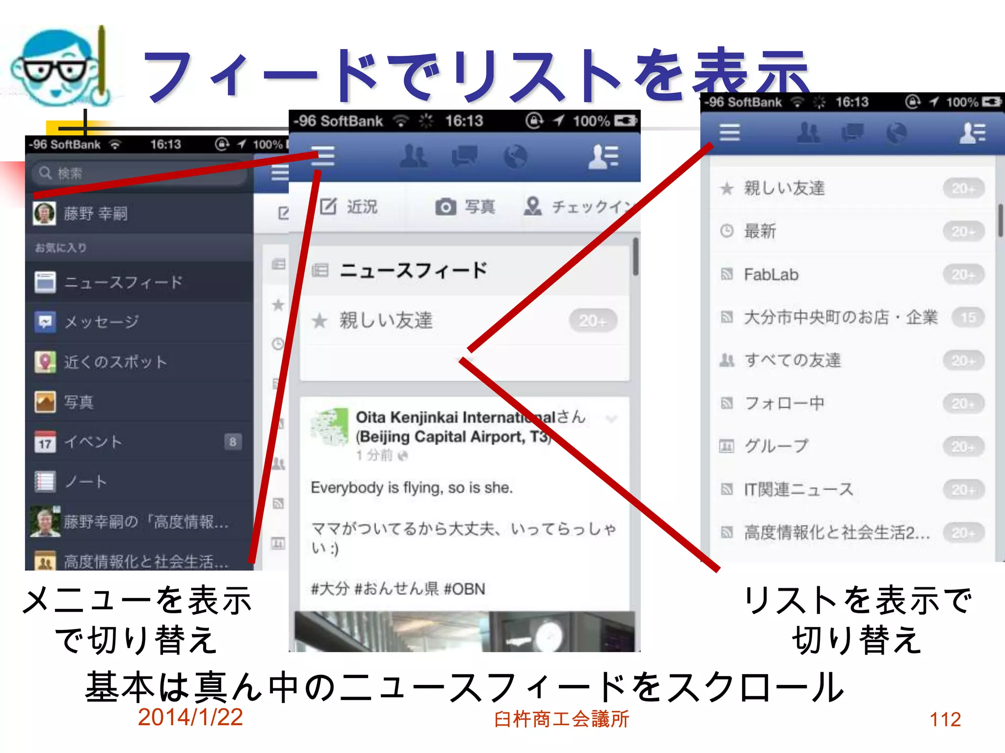 フィードでリストを表示

メニューを表示
で切り替え

リストを表示で
切り替え

基本は真ん中のニュースフィードをスクロール
2014/1/22

臼杵商工会議所

112

 
