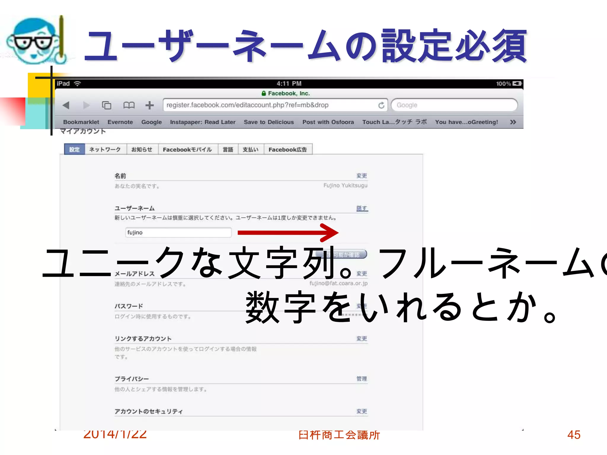 ユーザーネームの設定必須

ユニークな文字列。フルーネームの
数字をいれるとか。

2014/1/22

臼杵商工会議所

45

 