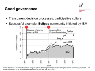 Good governance 
● Transparent decision processes, participative culture 
● Successful example: Eclipse community initiate...