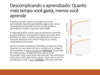 Descomplicando o aprendizado: Quanto mais tempo você gasta, menos você aprende 
O gráfico ao lado mostra uma típica curva de aprendizado. Quando aprendemos algo novo, nossa capacidade de absorção inicial é muito grande e aprendemos muito e à grande velocidade. 
O segundo gráfico mostra que os primeiros conceitos que aprendemos tem grande impacto na nossa vida profissional. Mas à medida que aprendemos mais, o conceito adicional tem menos impacto na minha capacidade profissional. 
Como o tempo é precioso e limitado, use poucas horas (aquelas em que você está com o professor e colegas) para aprender e foque no que lhe interessa. O que não for interessante, vá jogando fora, não se deixe incomodar com o que você não entende. Eles não foram feitos para você, pelo menos agora. Fique com o que faz sentido para você, o que é simplese fácil de entender. 
Aprendizado 
Horas 
Impacto profissional 
Conceitos  