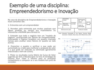 Exemplo de uma disciplina: Empreendedorismo e Inovação 
NocasodadisciplinadeEmpreendedorismoeInovaçãoessesconceitossão: 
1.Entrevistacomumempreendedor 
2.PerceberpelaentrevistaquemuitossentiramquealgumprodutoouserviçoerainsatisfatórioouinexistenteeAGIRAMparafornecê-lo 
3.Entenderquetodoonegóciotemum“modelodenegócio”caracterizadoporfatoresdecompetitividade. OsterwalderePigneurpropõemumquadrochamadoCanvasparaanalisaressesfatores(V.quadroaoladoacima). 
4.Preencheroquadroeverificaroquepodeseraumentadooucriadoparamelhorarapropostadevaloreoquepodeserreduzidooueliminado(geralmenterelacionadoaitemdecustos). 
5.PlotarosresultadosnumaMatrizdeCurvadeValorsugeridaporKimeMaubourgnenolivroAEstratégiadoOceanoAzul.Fazeromesmoparaosprincipaiscompetidoresecompararseoseumodelotemjeitodevencedor. 
Parceriasprincipais 
Atividades- chave 
Propostadevalor 
Relacionamentocomocliente 
Segmentodeclientes 
Recursosdisponíveis 
Canal de distribuição 
Estrutura de custo 
Fontes de receita 
Fonte:AlexanderOsterwalder&YvesPigneur.BusinessModelGeneration.Hoboken,NewJersey:JohnWiley&Sons,2010.  